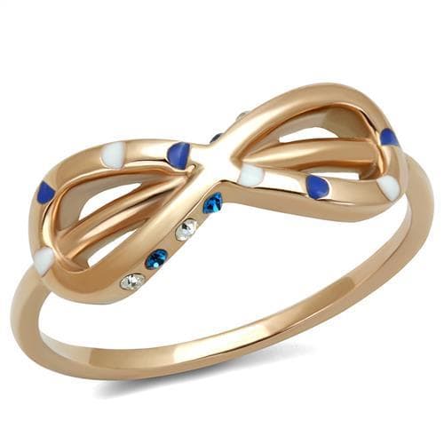 Stainless Steel Gold IP Blue Enamel CZ Infinity Bow Ring