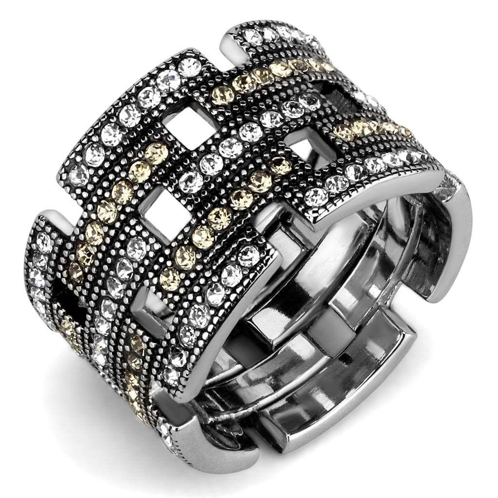 Stainless Steel Champagne Crystal Grid Cutout Pave Wide Band Ring
