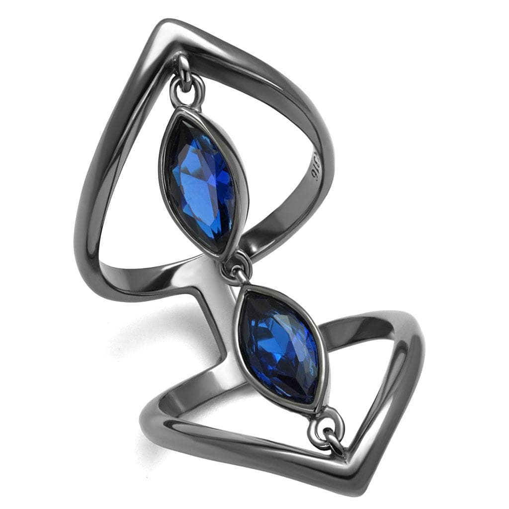 Stainless Steel Dark Gunmetal Blue Sapphire CZ Marquise Open Ring