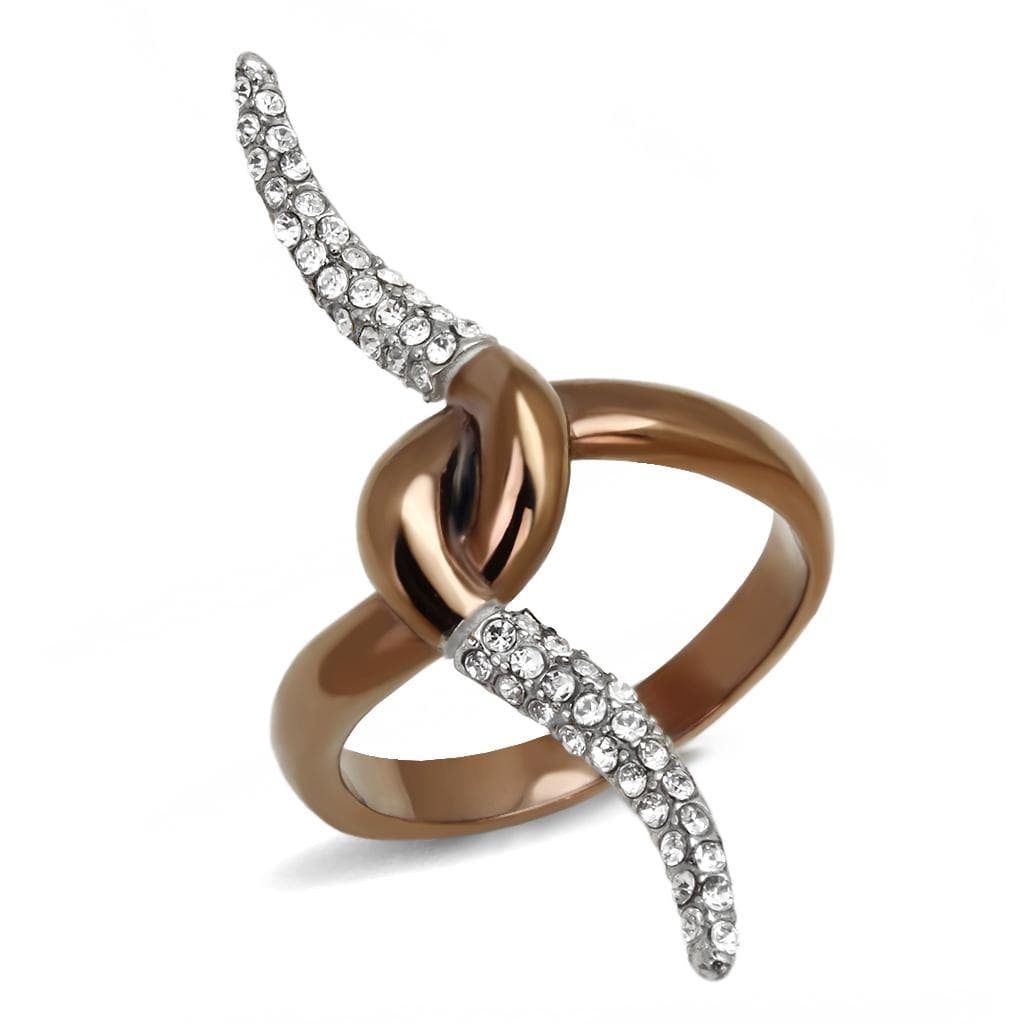 Stainless Steel Coffee Brown IP CZ Pave Leaf Vine Bypass Ring