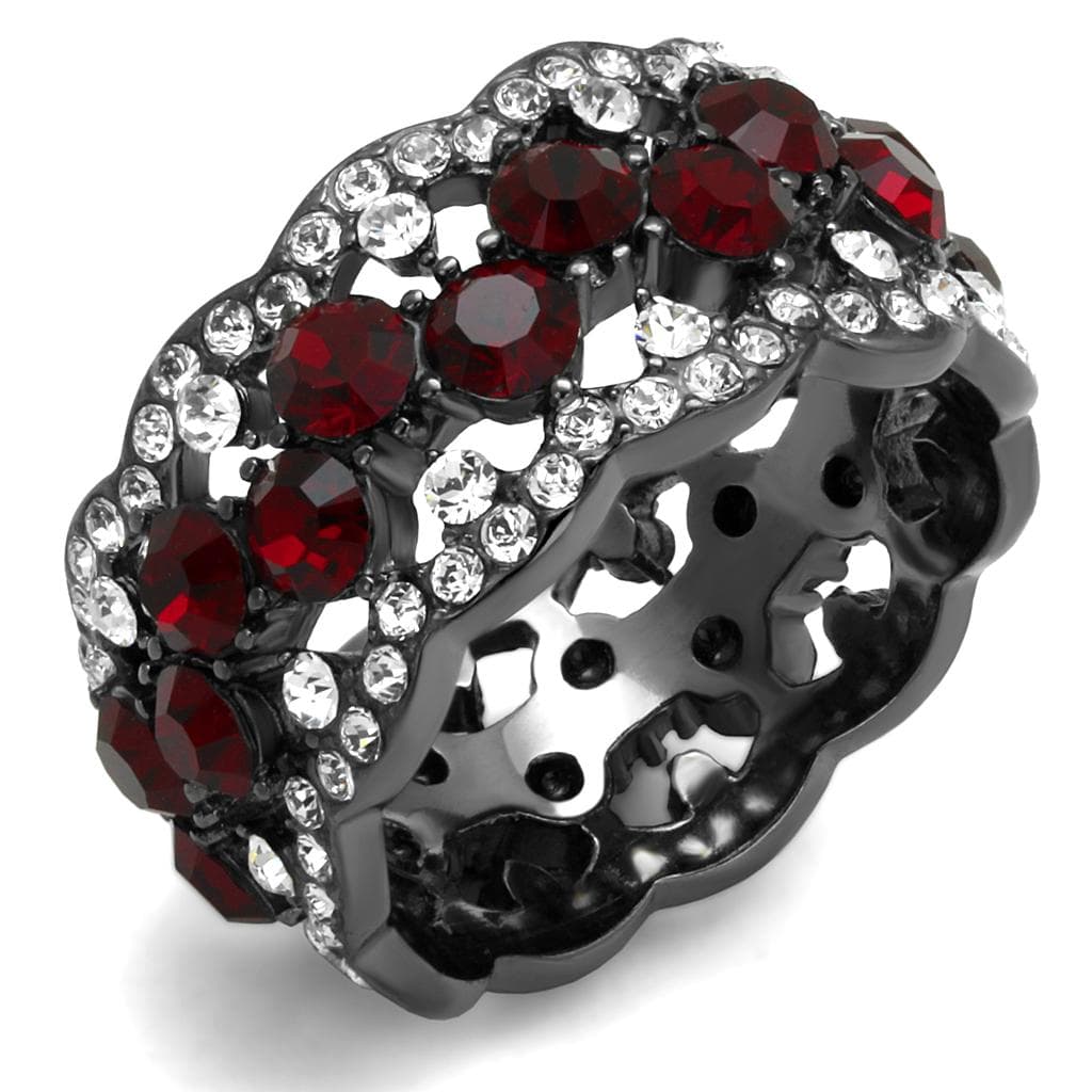 Stainless Steel Dark Gunmetal Red Garnet CZ Pave Filigree Ring