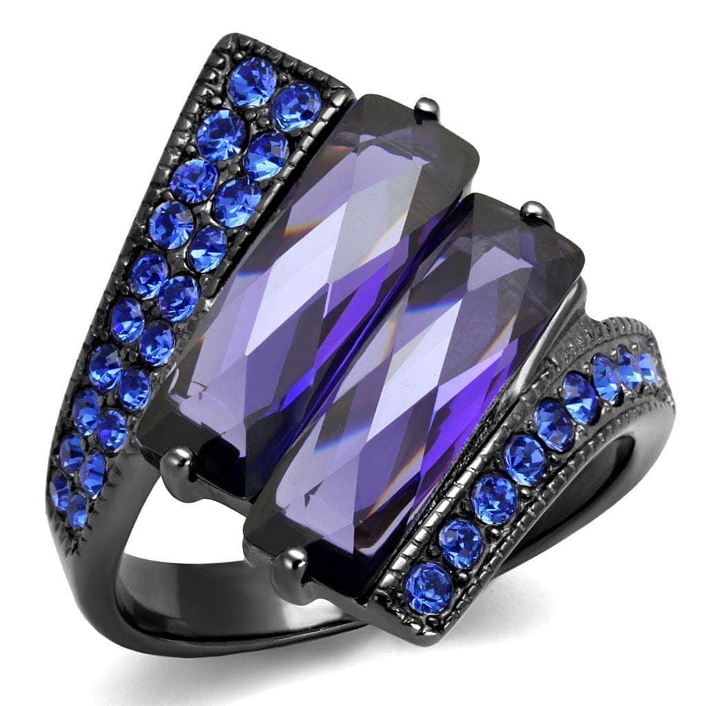 Stainless Steel Dark Gunmetal Amethyst Purple CZ Baguette Ring