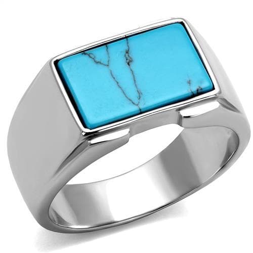 Stainless Steel Turquoise Inlay Rectangle CZ Pave Signet Ring