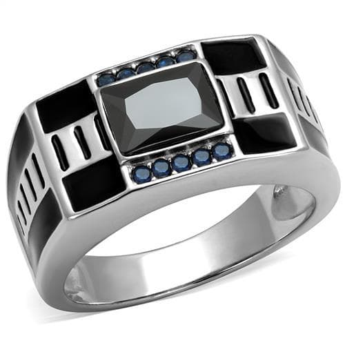 Stainless Steel Black Onyx Enamel CZ Blue Sapphire Art Deco Ring