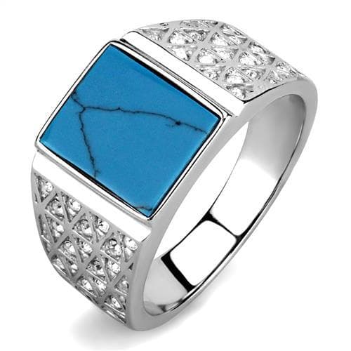 Stainless Steel Turquoise Inlay Square CZ Pave Signet Ring