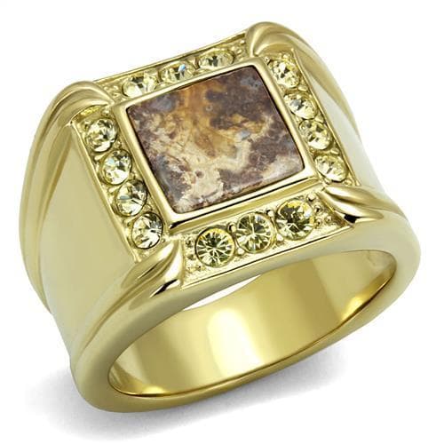 Stainless Steel Gold IP Jasper Brown Stone Square CZ Halo Ring