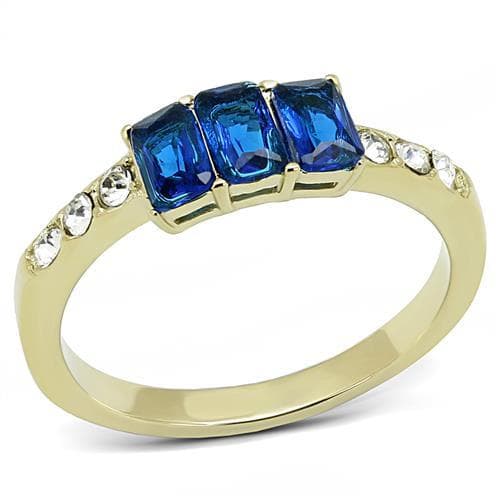 Stainless Steel Gold IP London Blue CZ Emerald Cut Triple Ring