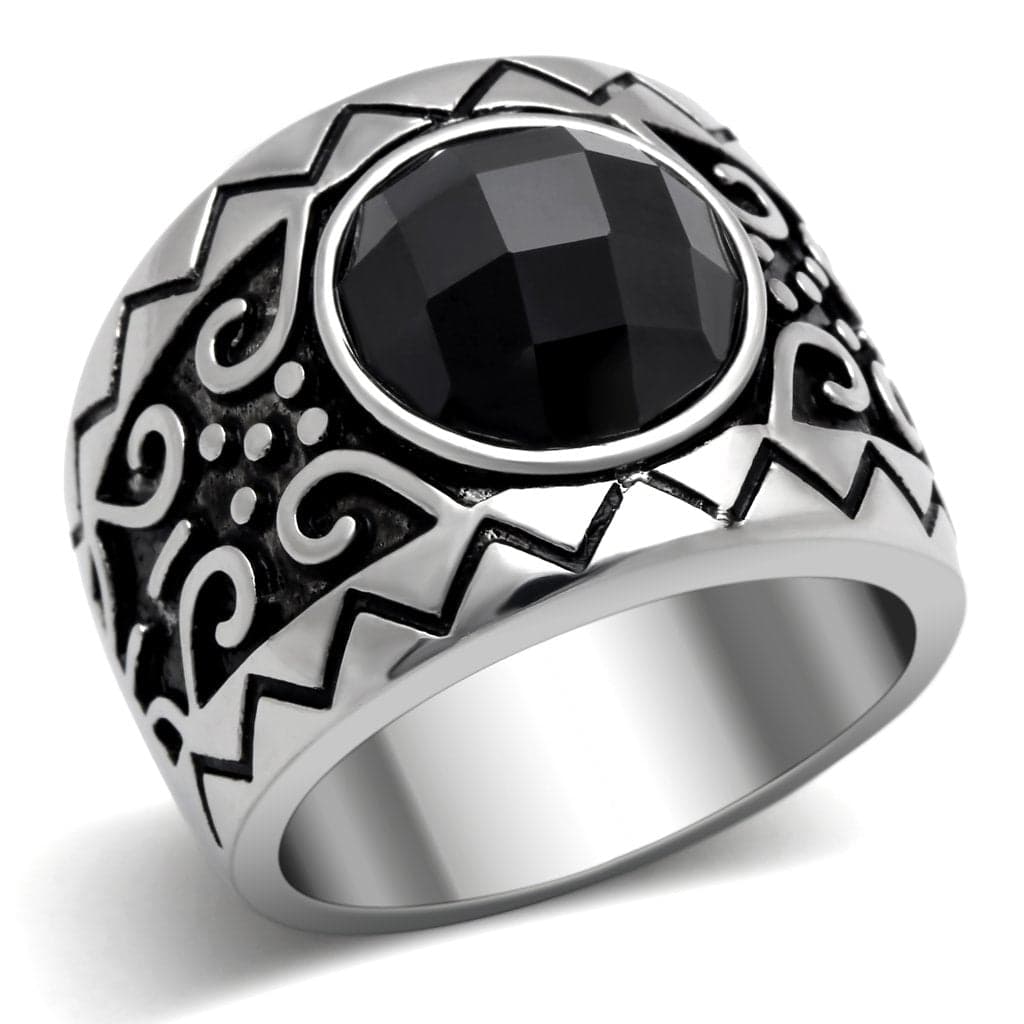 Stainless Steel Antiqued Silver Black Onyx Round Tribal Ring