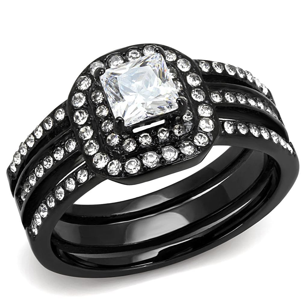 Stainless Steel Dark Gunmetal CZ Princess Halo Pave Bridal Ring