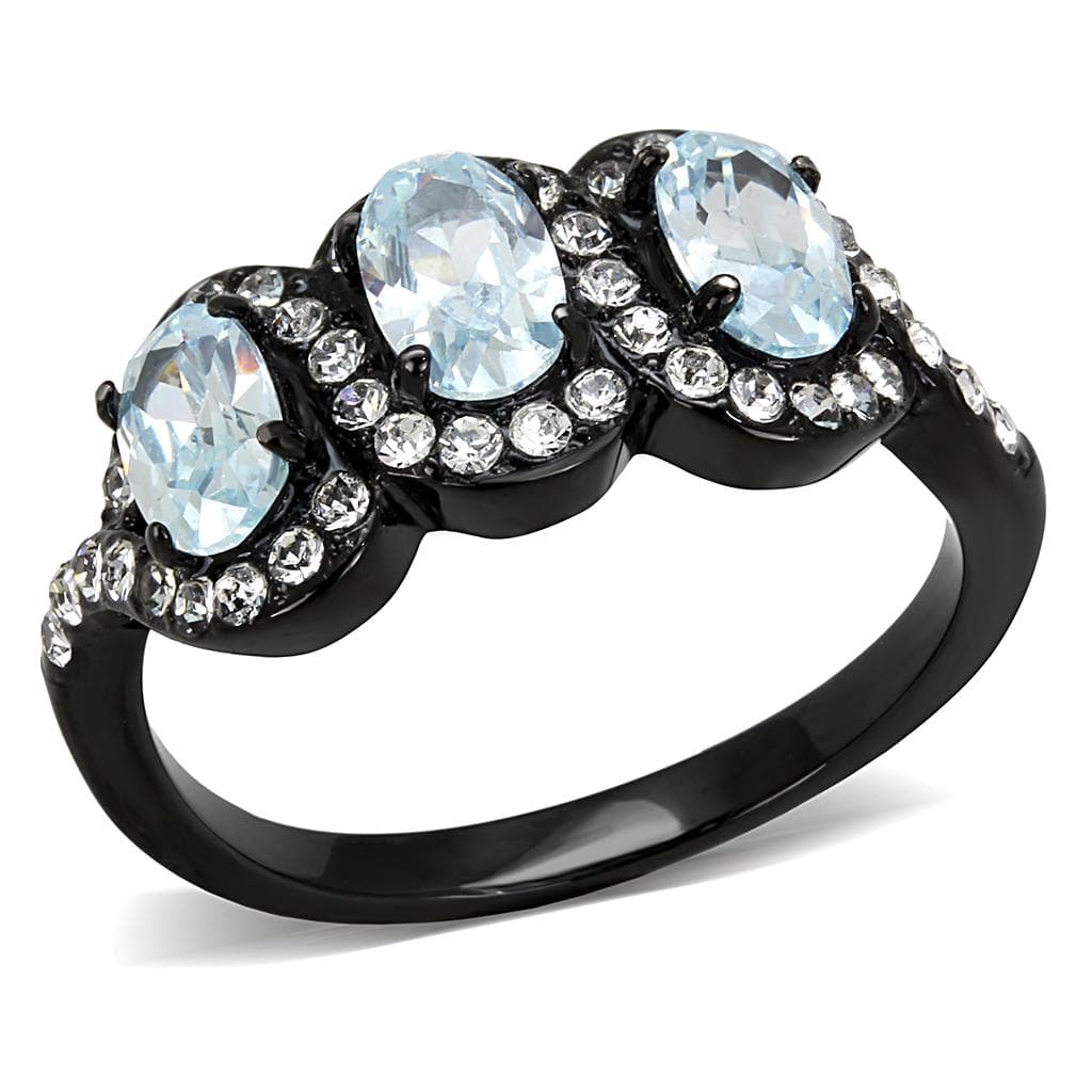 Stainless Steel Dark Gunmetal Aquamarine Blue CZ Oval Three Ring