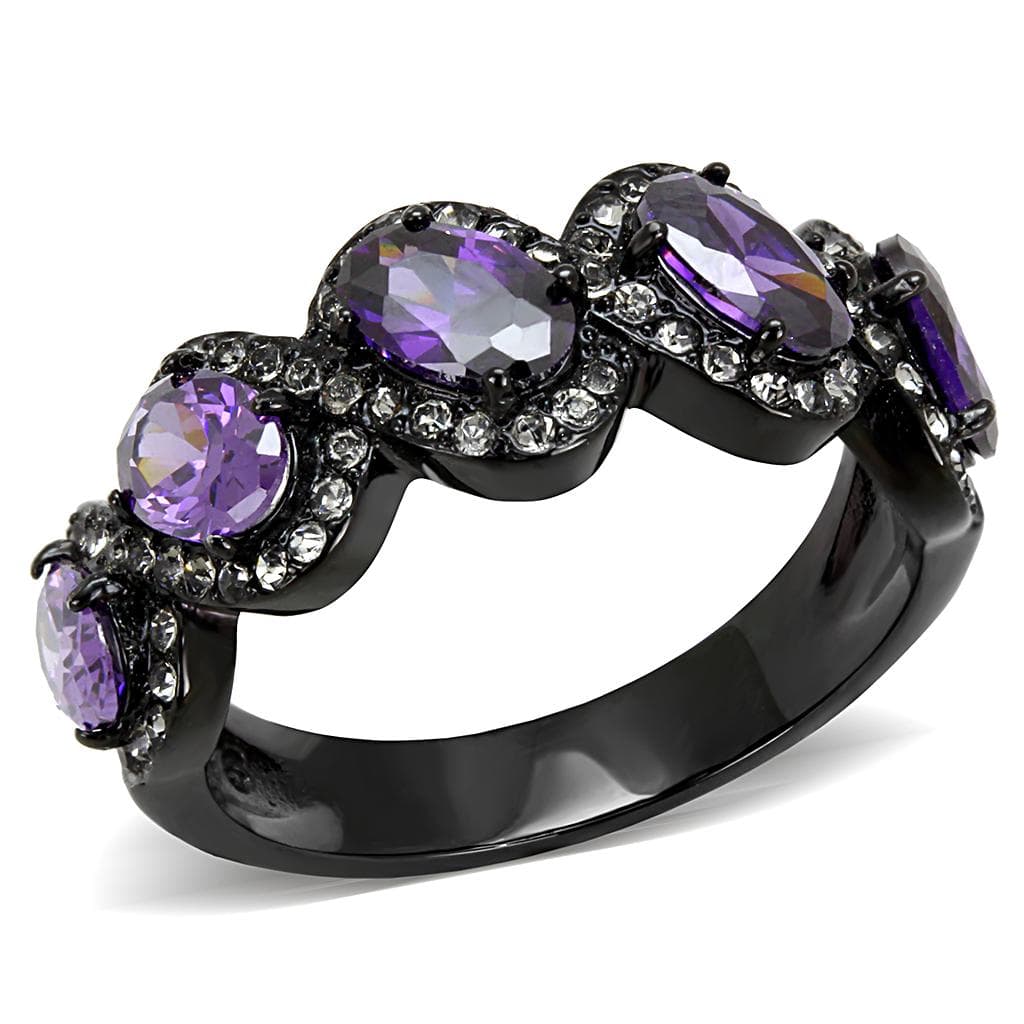 Stainless Steel Dark Gunmetal Amethyst Purple CZ Oval Pave Ring