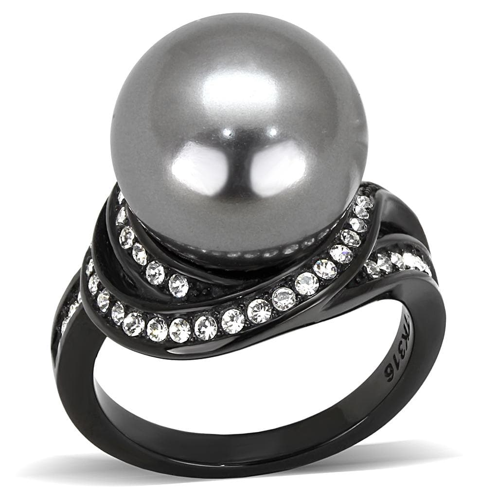 Stainless Steel Dark Gunmetal Gray Pearl CZ Pave Swirl Ring