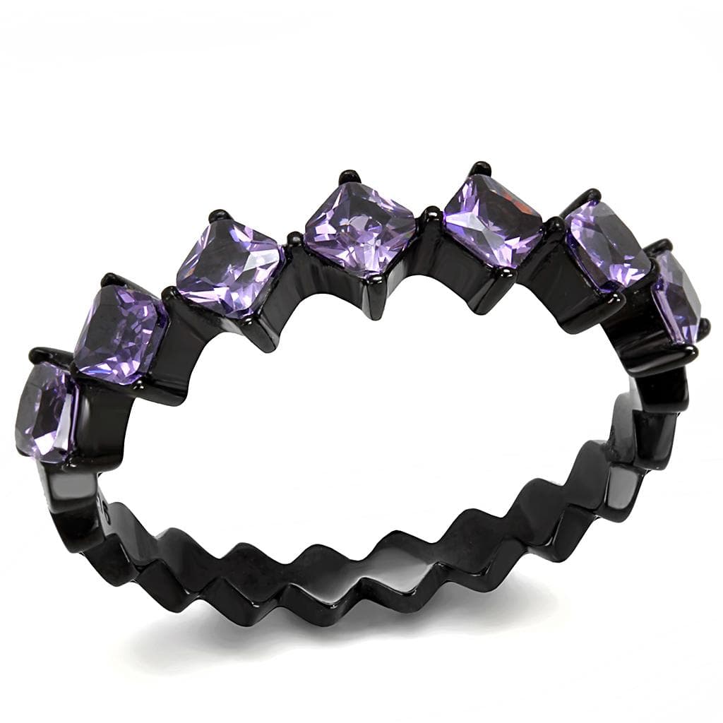 Stainless Steel Black IP Tanzanite Purple CZ Princess Zigzag Ring