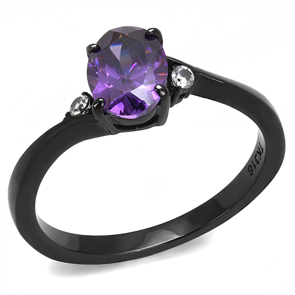 Stainless Steel Black IP Amethyst Purple CZ Oval CZ Accent Ring
