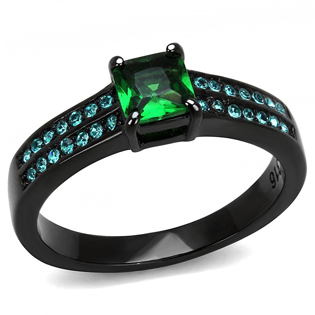 Stainless Steel Black IP Emerald Green CZ Emerald Cut Blue Ring