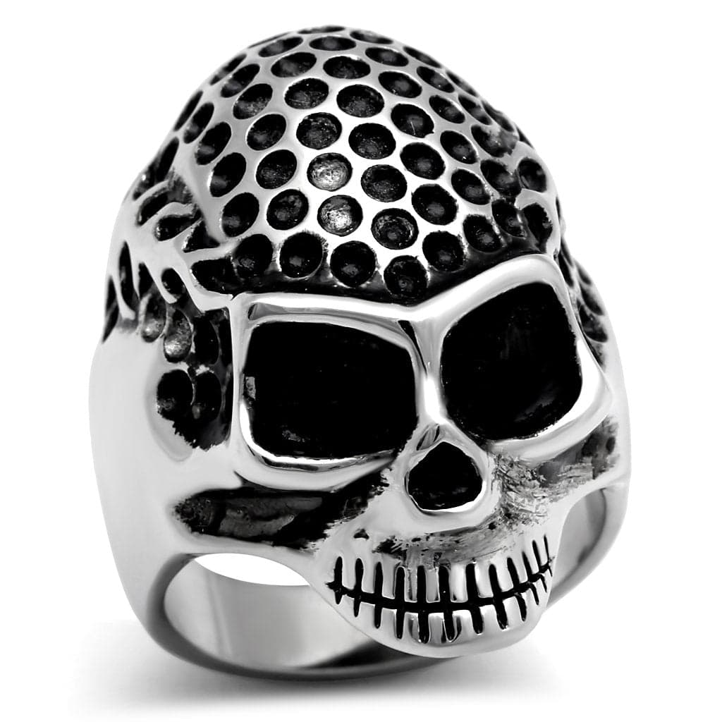 Stainless Steel Antiqued Silver Honeycomb Texture Skull Ring
