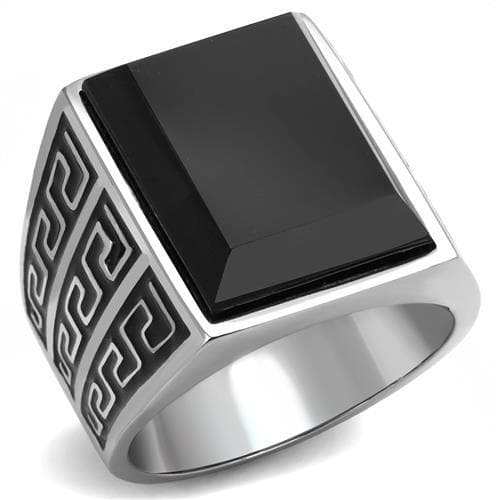 Stainless Steel Black Onyx Square Greek Key Signet Ring