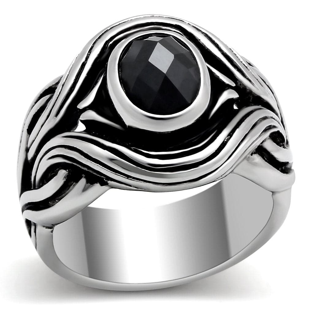 Stainless Steel Antiqued Silver Black Onyx Round Wave Scroll Ring