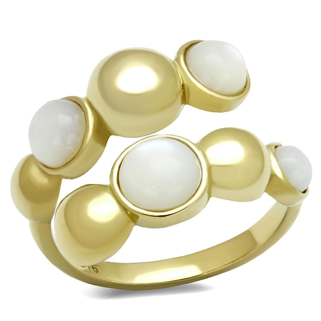 Stainless Steel Gold IP White Cat Eye Cabochon Double Open Ring