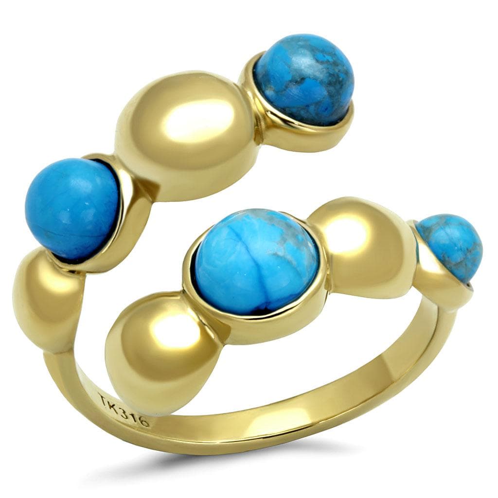 Stainless Steel Gold IP Turquoise Cabochon Double Bead Open Ring