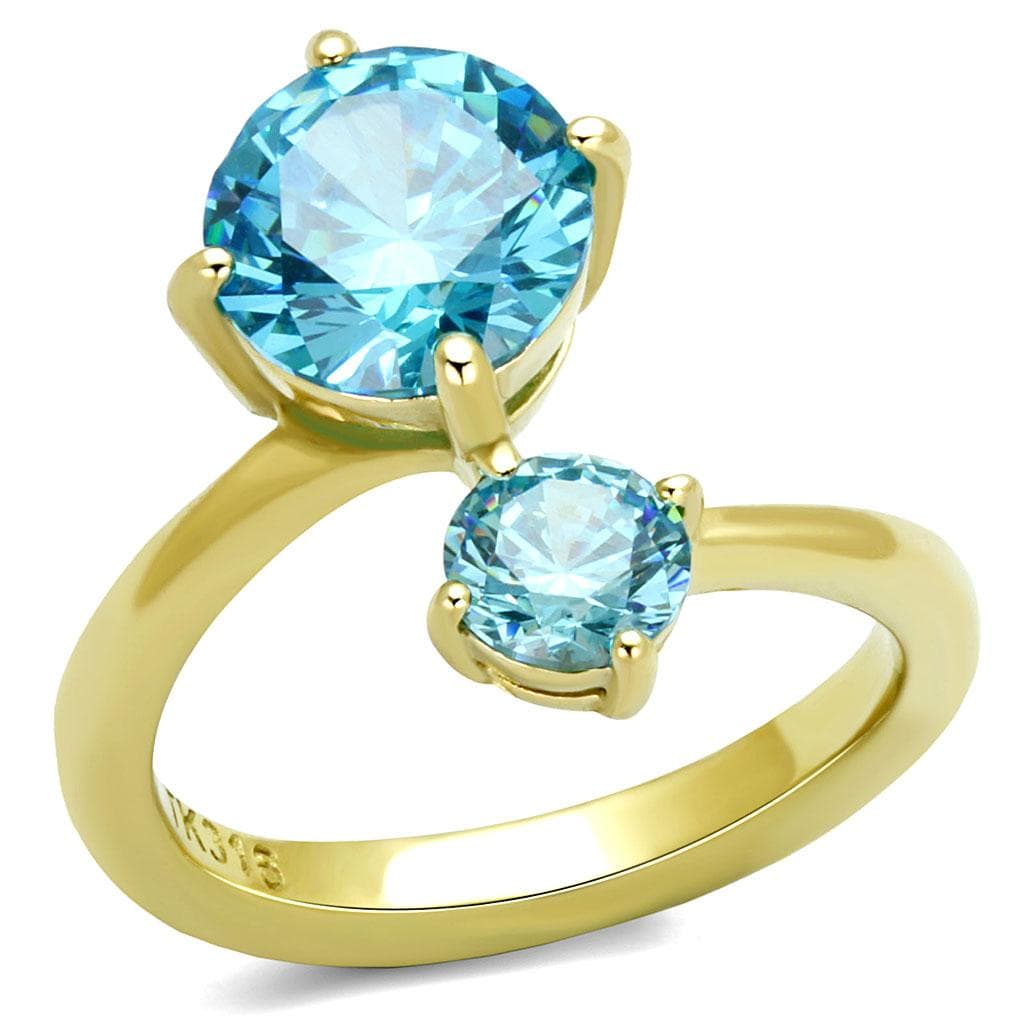 Stainless Steel Gold IP Aquamarine Blue CZ Round Double Ring