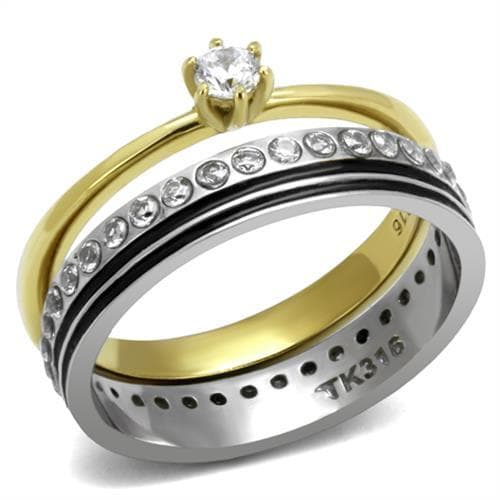 Stainless Steel Gold IP Two-Tone CZ Channel Black Enamel Ring