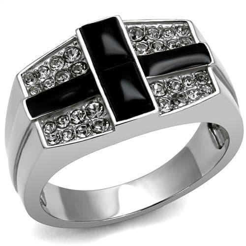 Stainless Steel Black Onyx CZ Pave Geometric Block Mens Ring