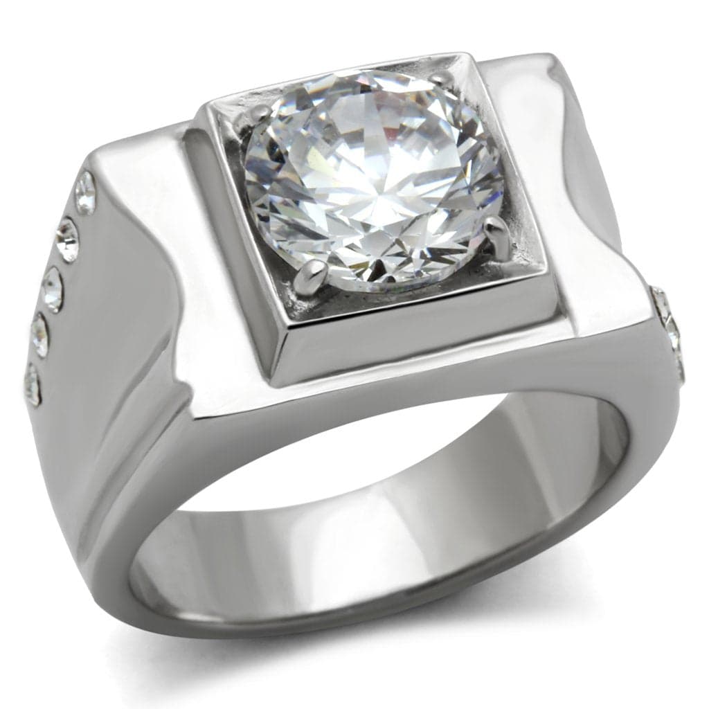 Stainless Steel CZ Round Square Bezel Mens Signet Ring