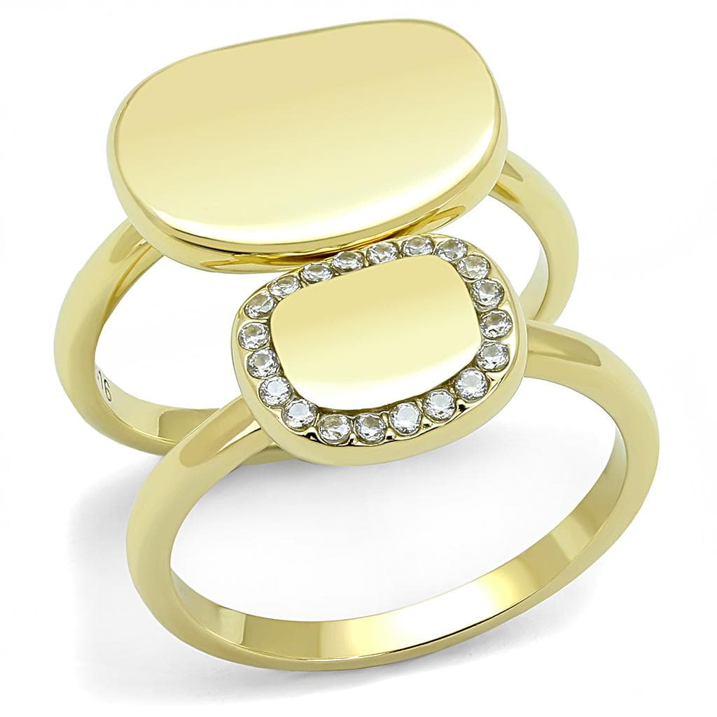 Stainless Steel Gold IP CZ Halo Cushion Signet Stack Ring