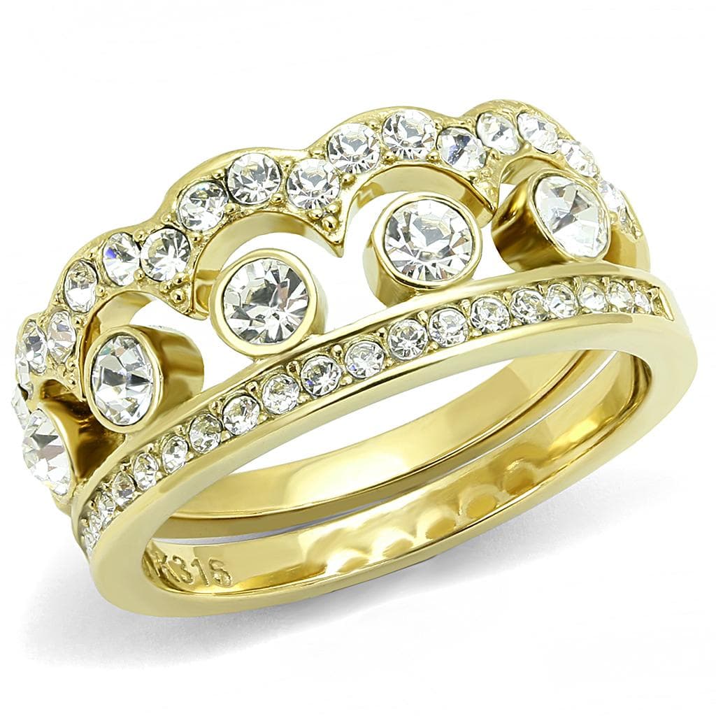 Stainless Steel Gold IP CZ Round Bezel Crown Tiara Stack Ring