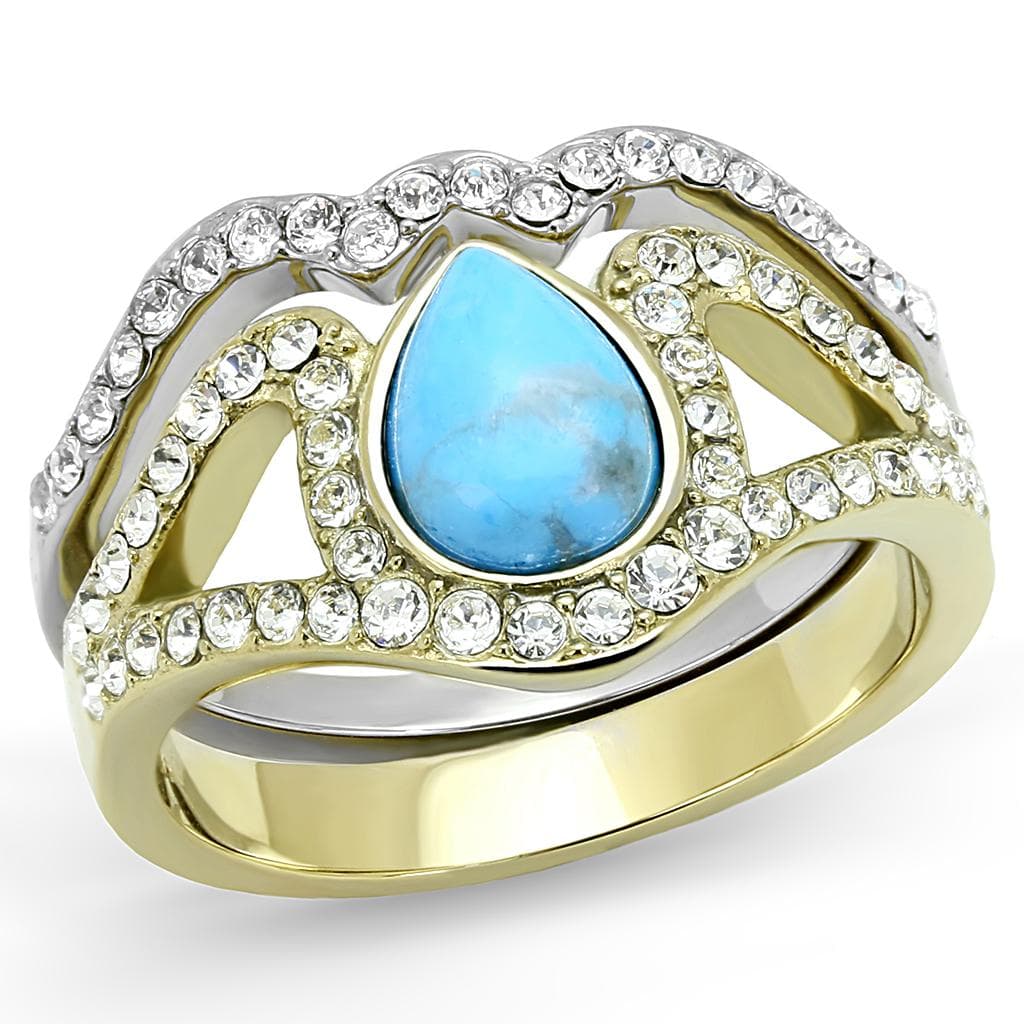 Stainless Steel Turquoise Pear CZ Halo Split Shank Two-Tone Ring