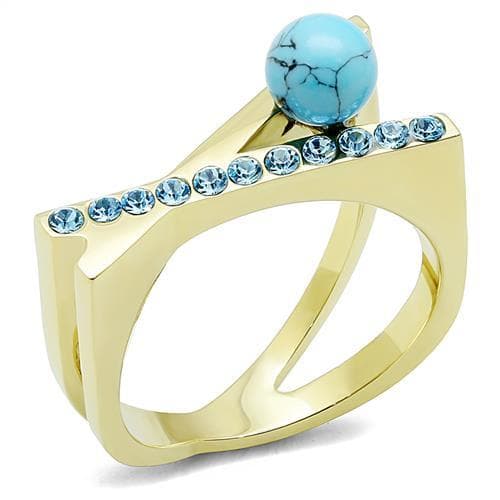 Stainless Steel Gold IP Turquoise Cabochon CZ Channel Ring