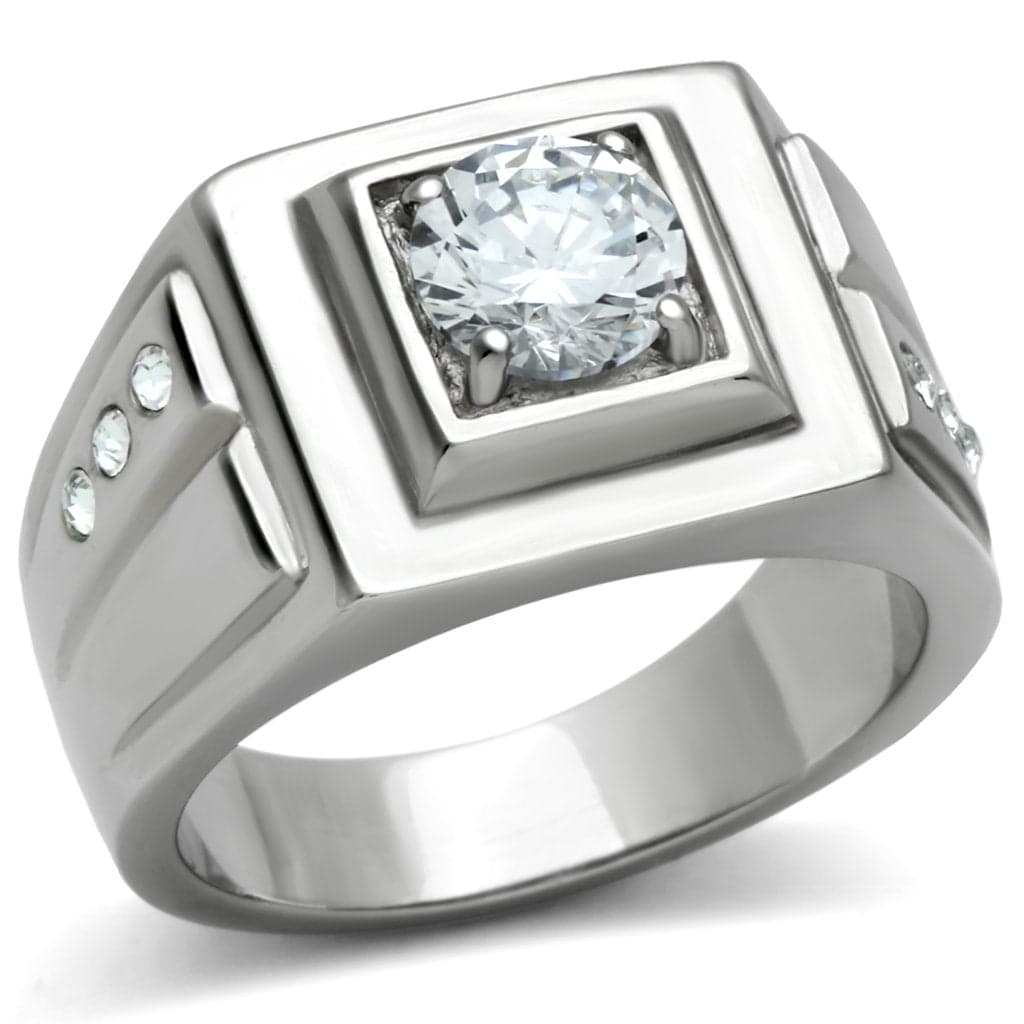 Stainless Steel CZ Round Square Bezel Polished Mens Signet Ring