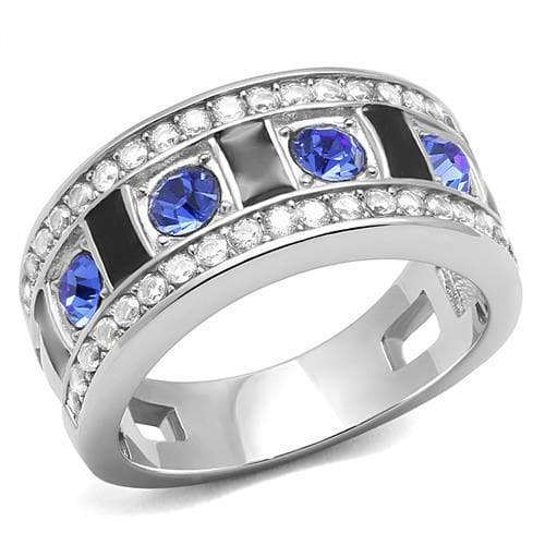 Stainless Steel Blue Sapphire CZ Channel Black Enamel Wide Ring