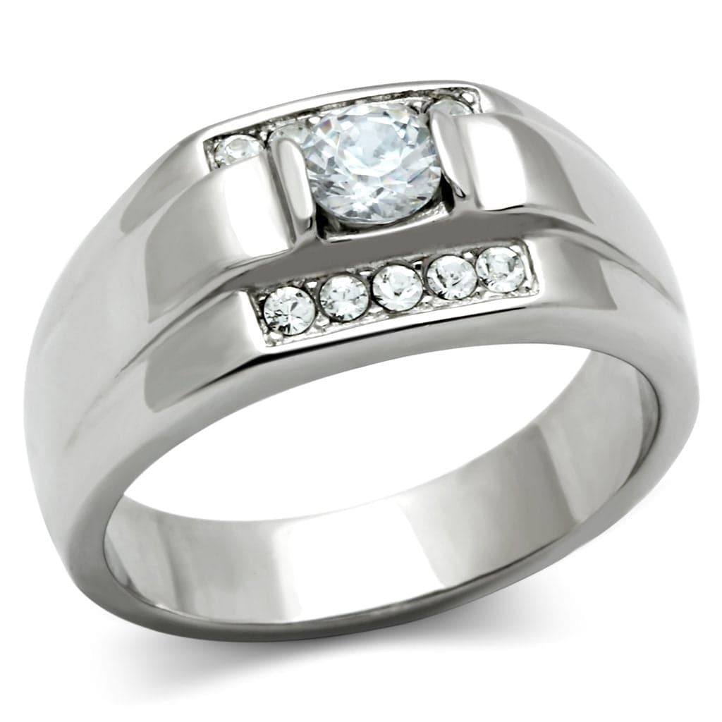 Stainless Steel CZ Round Square Bezel Pave Mens Signet Ring
