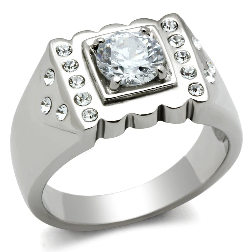 Stainless Steel CZ Round Square Bezel Pave Mens Signet Ring TK315