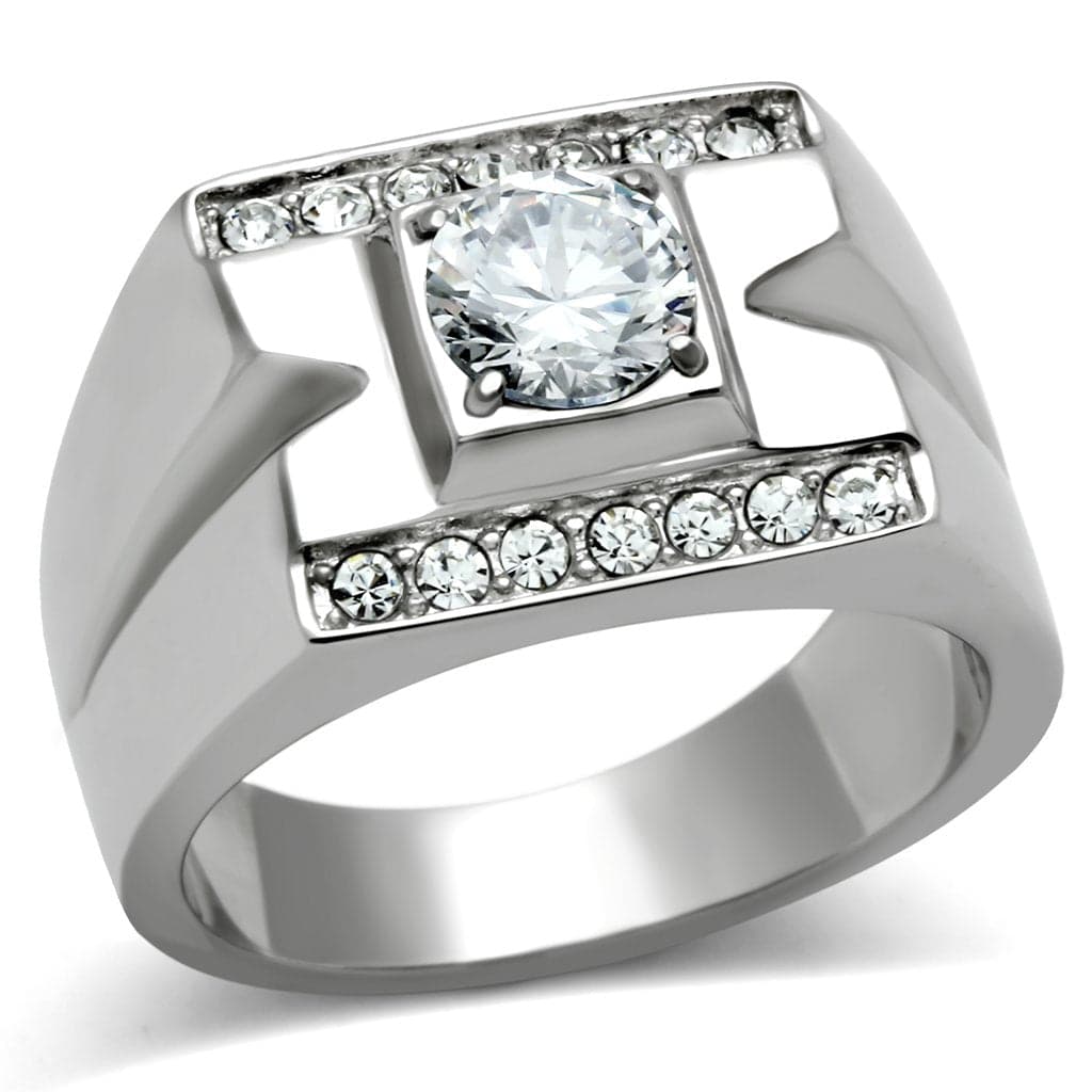 Stainless Steel CZ Round Square Bezel Cutout Mens Signet Ring
