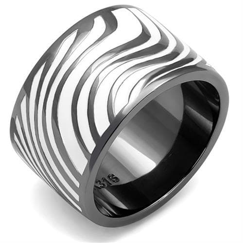 Stainless Steel Silver Black Enamel Zebra Wave Wide Band Ring