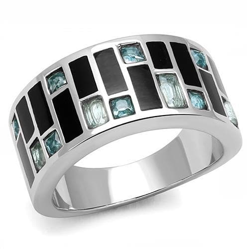 Stainless Steel Light Blue Topaz CZ Black Enamel Mosaic Grid Ring