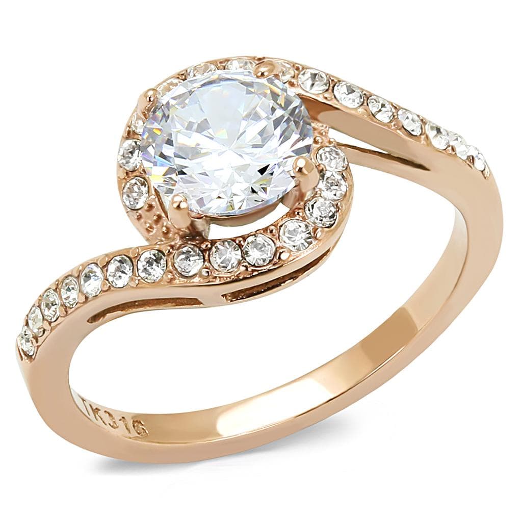 Stainless Steel Rose Gold IP CZ Round Halo Swirl Bypass Ring