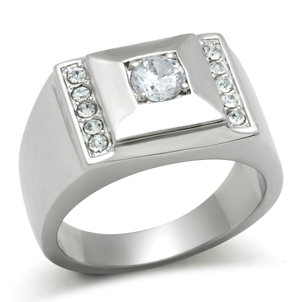 Stainless Steel CZ Round Square Bezel Pave Mens Signet Ring TK317