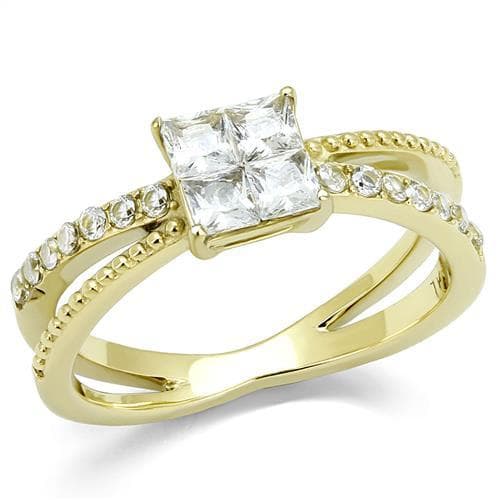 Stainless Steel Gold IP CZ Princess Square Milgrain Ring