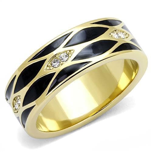 Stainless Steel Gold IP Black Enamel CZ Diamond Geometric Ring