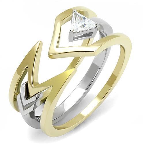 Stainless Steel Gold IP Two-Tone CZ Trillion Chevron Angular Ring