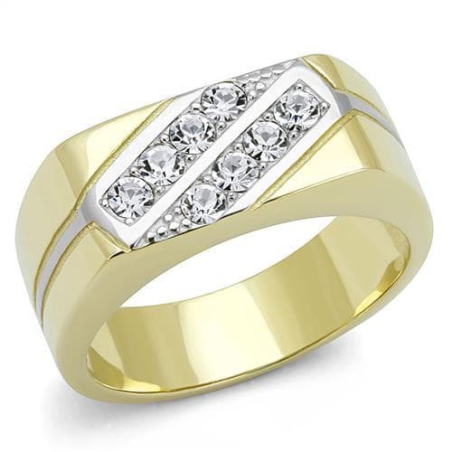 Stainless Steel Gold IP CZ Channel Diagonal Stripe Wide Band Ring