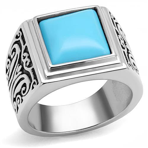 Stainless Steel Turquoise Square Cabochon Scroll Carved Mens Ring