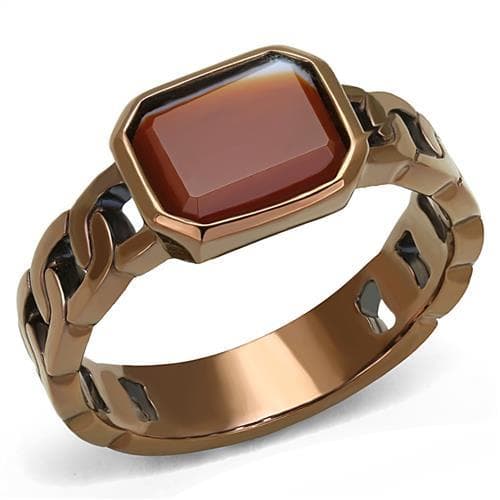 Stainless Steel Coffee Brown IP Red Jasper Emerald Cut Chain Ring
