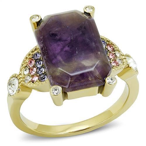 Stainless Steel Gold IP Amethyst Purple Emerald Cut Cocktail Ring