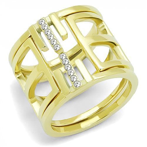 Stainless Steel Gold IP CZ Channel Geometric Cutout Wide Ring