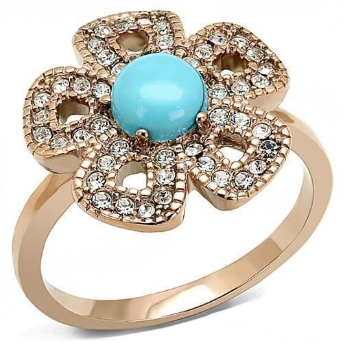 Stainless Steel Rose Gold IP Turquoise Cabochon CZ Pave Ring